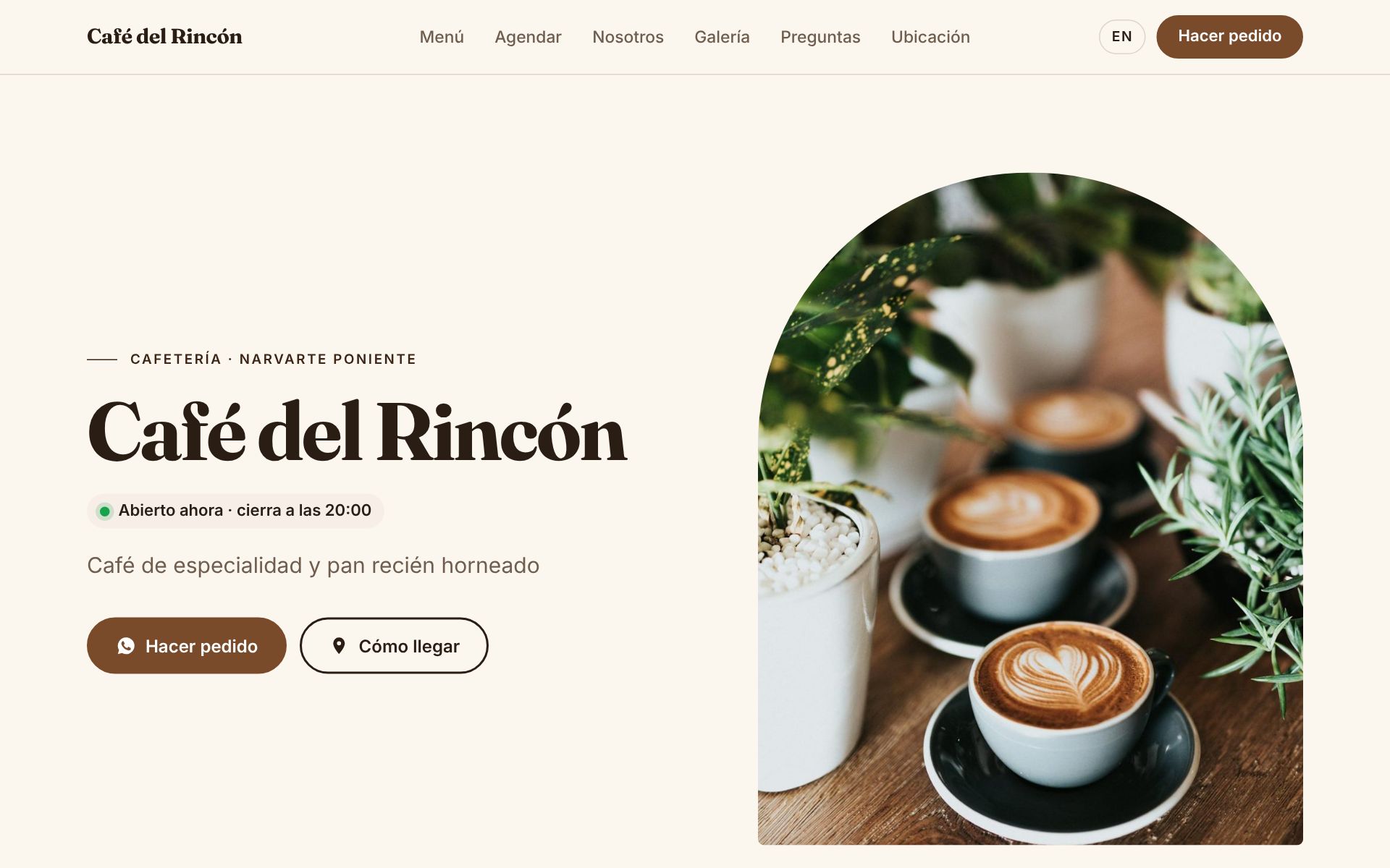 Página de ejemplo de una cafetería, en computadora